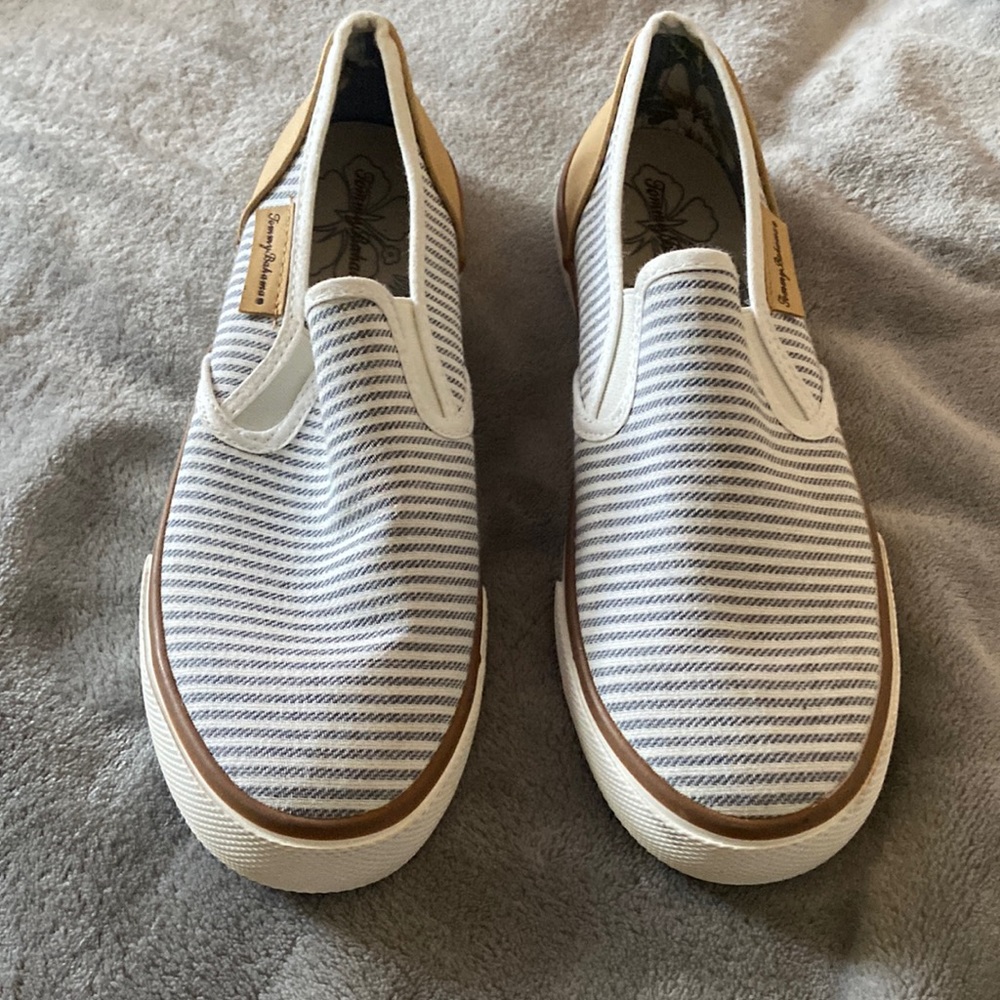 Tommy Bahama Navy and White Striped Slip-On Sneakers with Tan Accents